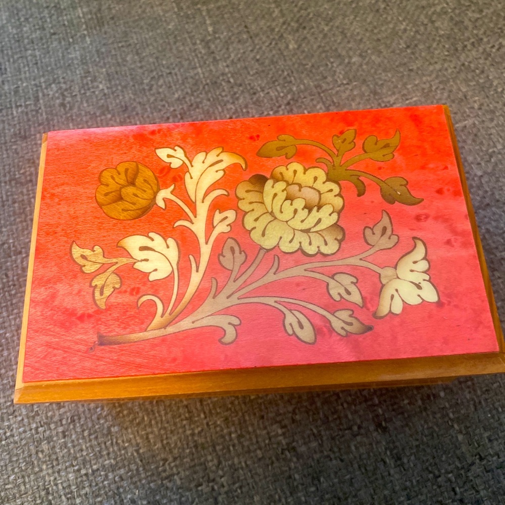 Vintage Floral Wooden Box with Red and Gold Design